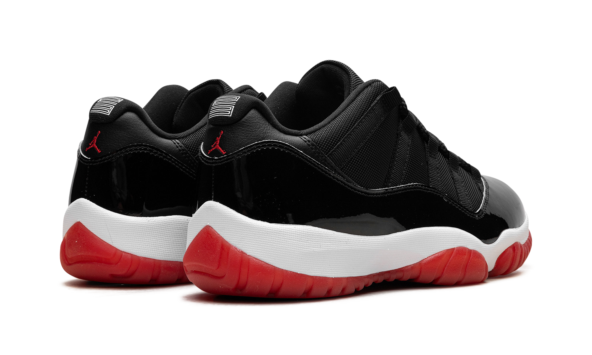 jordan 11 retro low bred 2025+FV5104-006+diagnol right behind view