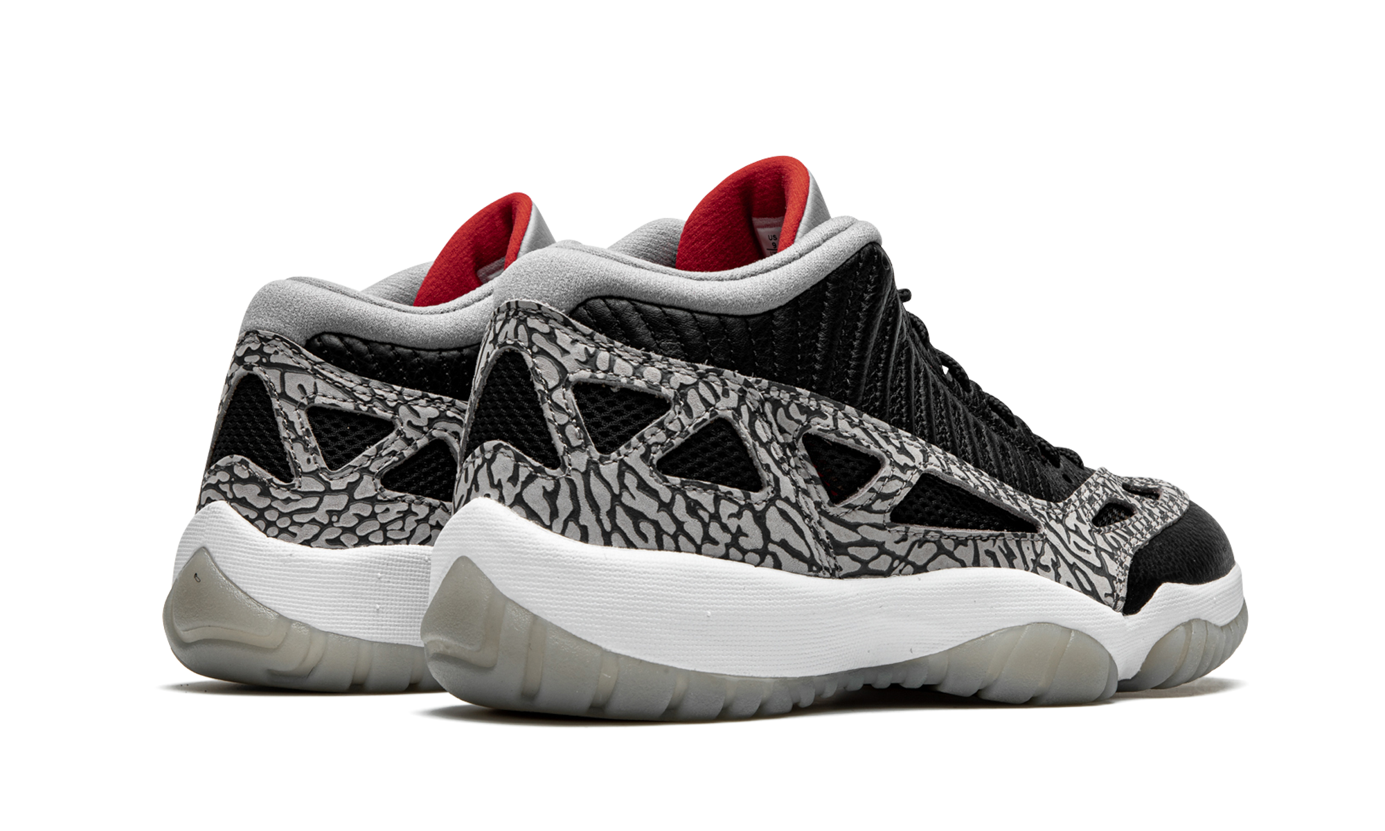 jordan 11 retro low ie black cement+919712-006+diagnol right behind view