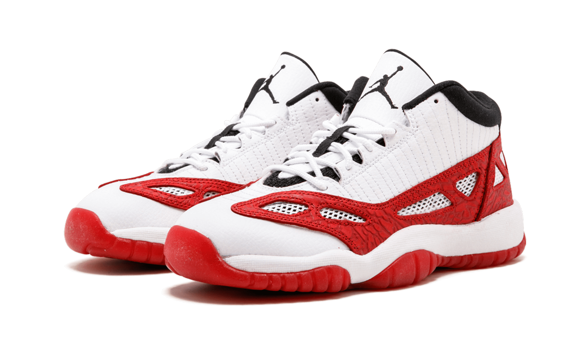 jordan 11 retro low ie white gym red gs+919713-101+diagnol left view
