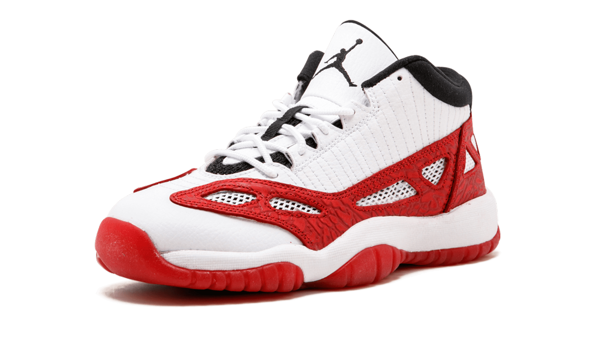 jordan 11 retro low ie white gym red gs+919713-101+left diagnol single view