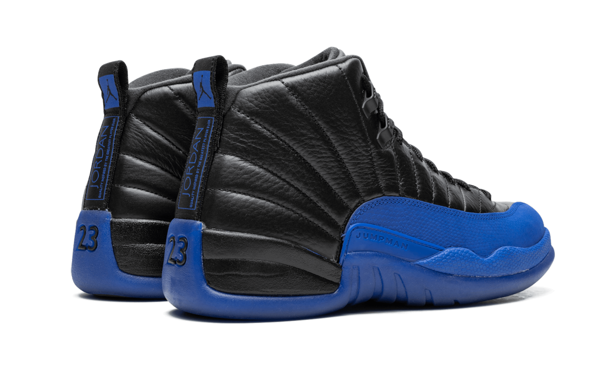 jordan 12 retro black game royal+130690-014+diagnol right behind view