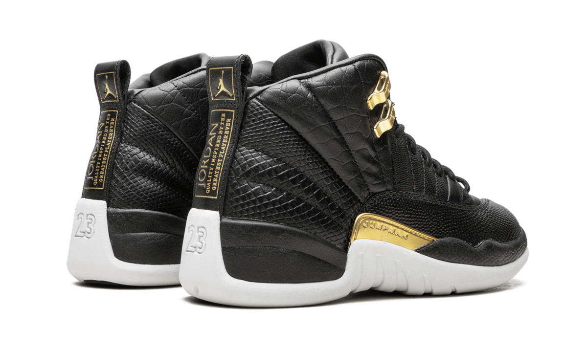 jordan 12 retro black metallic gold white women s+AO6068-007+diagnol right behind view