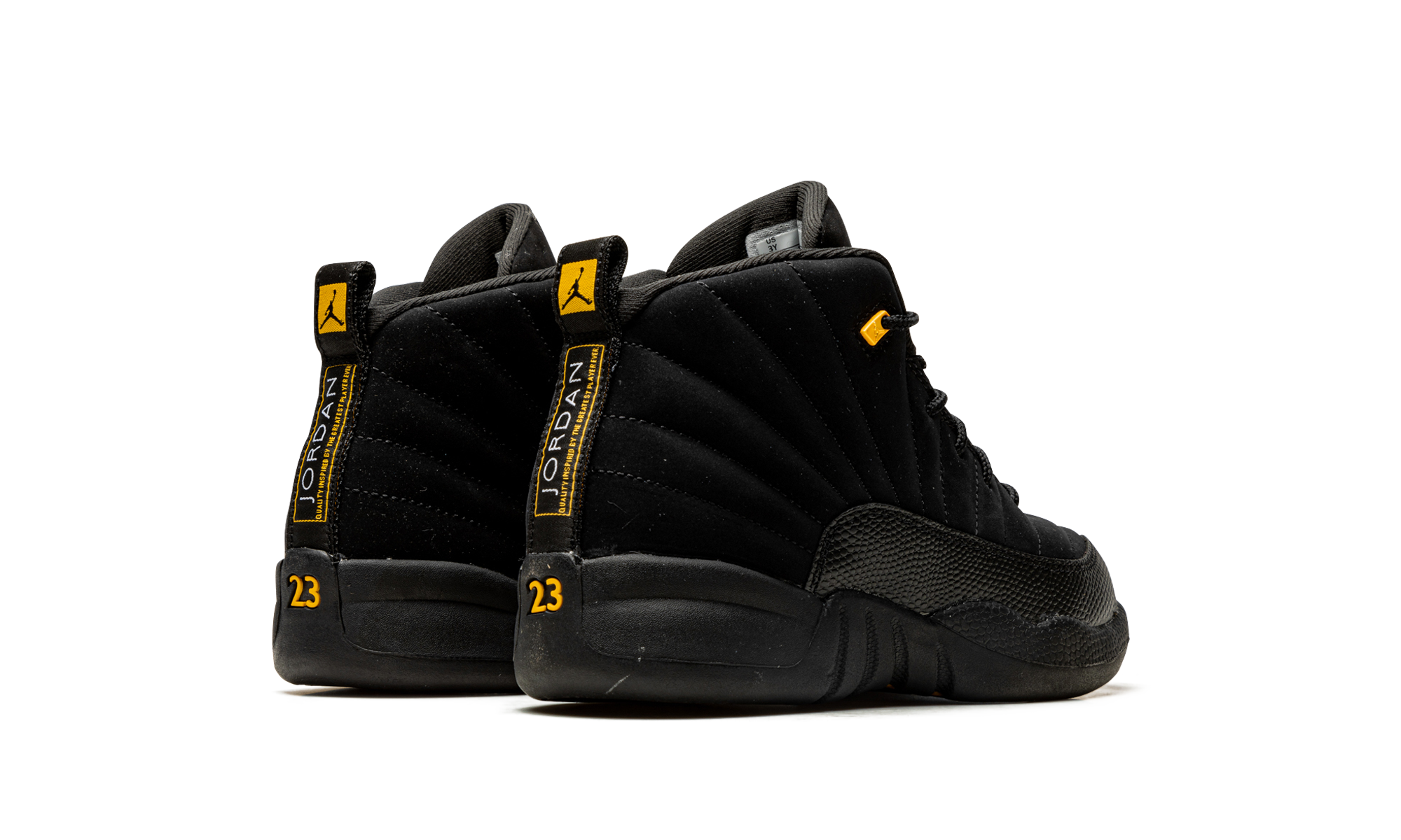 jordan 12 retro black taxi ps+151186-071+diagnol right behind view