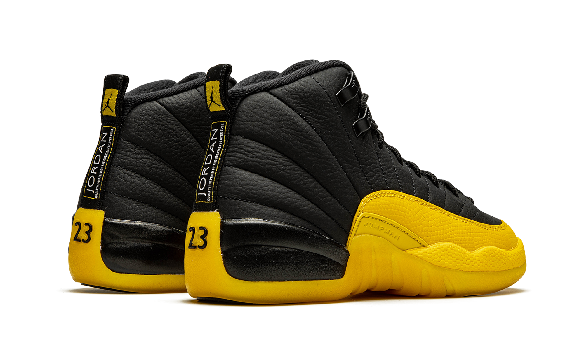 jordan 12 retro black university gold gs+153265-070+diagnol right behind view
