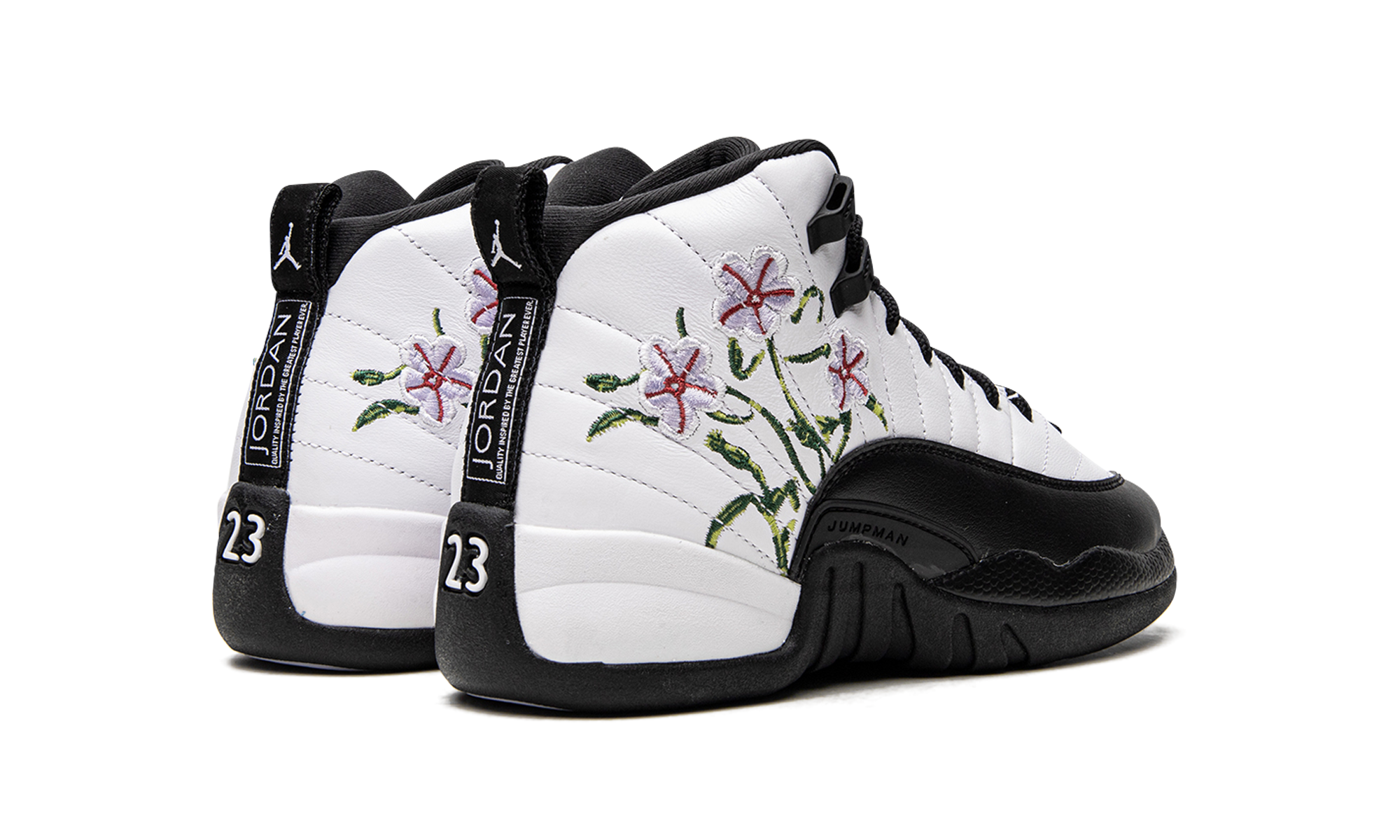 jordan 12 retro floral gs+DR6956-100+diagnol right behind view