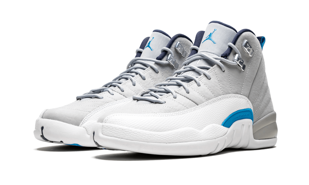 jordan 12 retro grey university blue gs+153265-007+diagnol left view