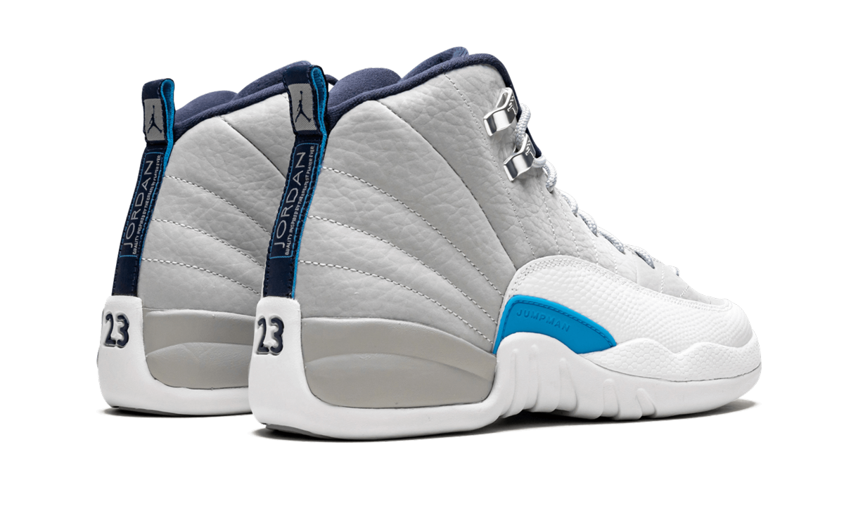 jordan 12 retro grey university blue gs+153265-007+diagnol right behind view