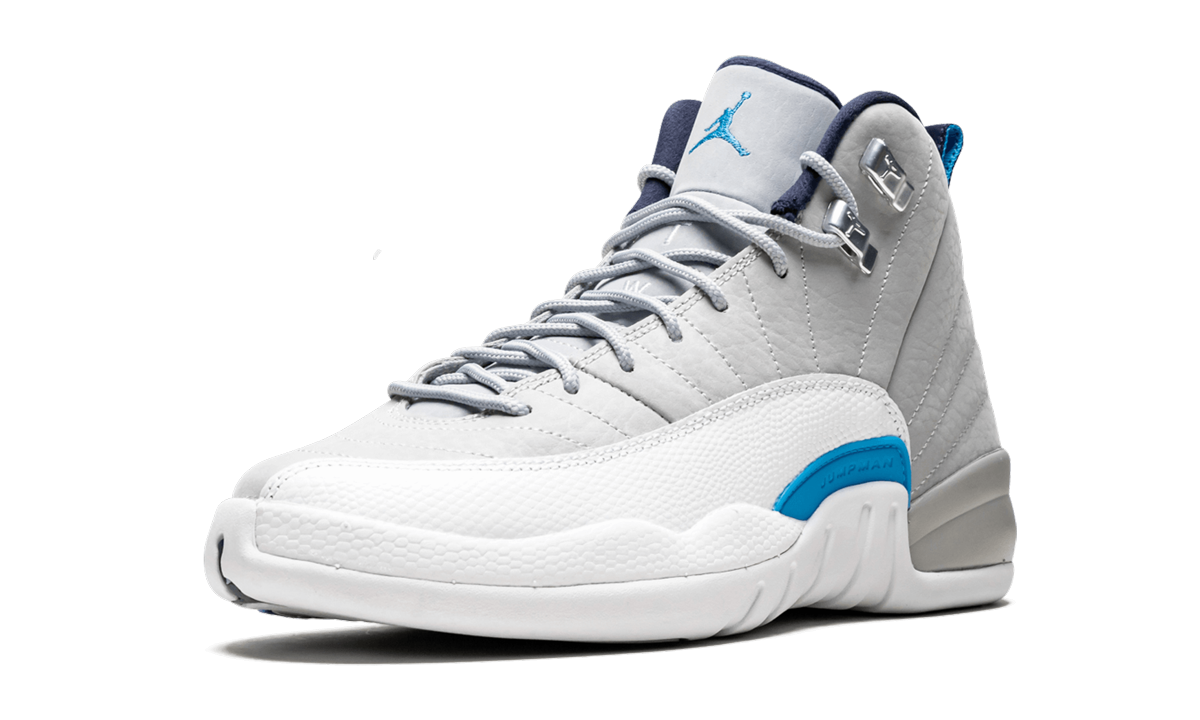 jordan 12 retro grey university blue gs+153265-007+left diagnol single view