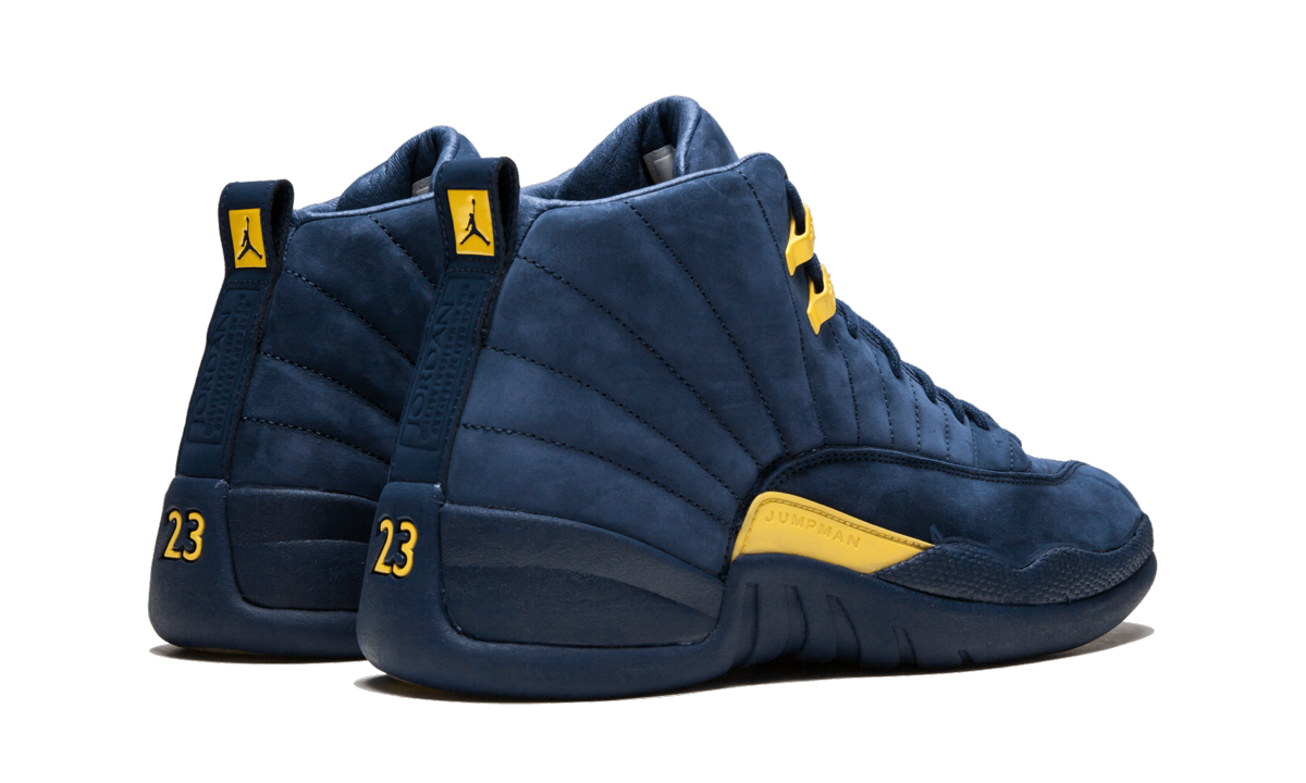 jordan 12 retro michigan+BQ3180-407+diagnol right behind view