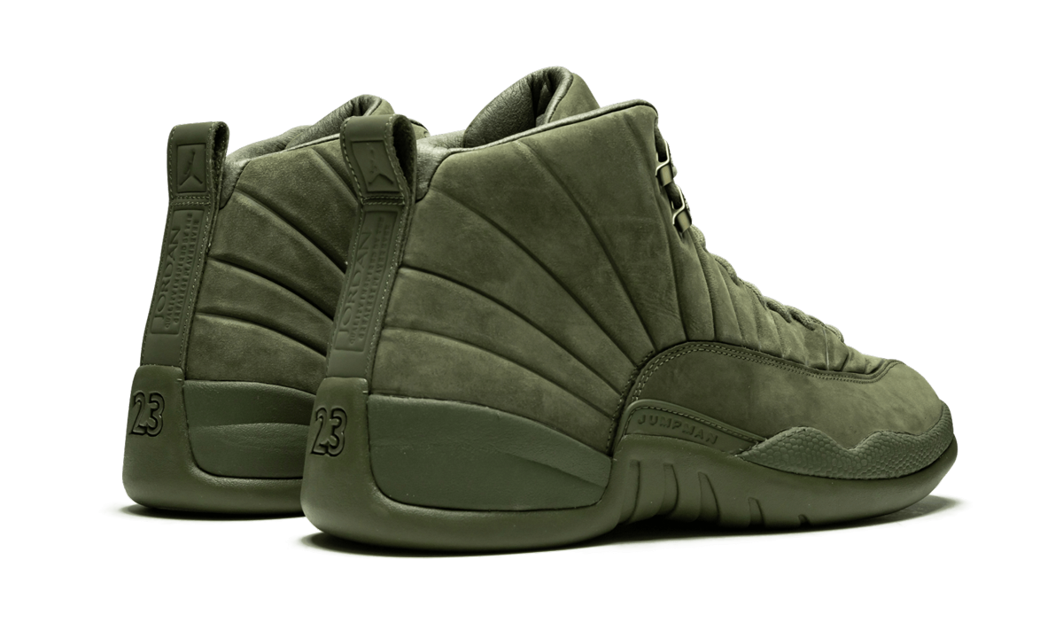 jordan 12 retro psny olive+AA1233-200+diagnol right behind view