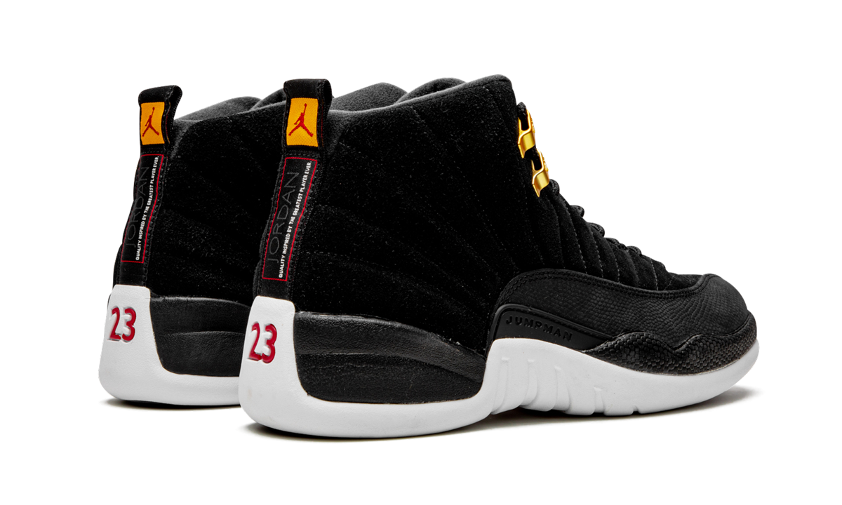 jordan 12 retro reverse taxi+130690-017+diagnol right behind view