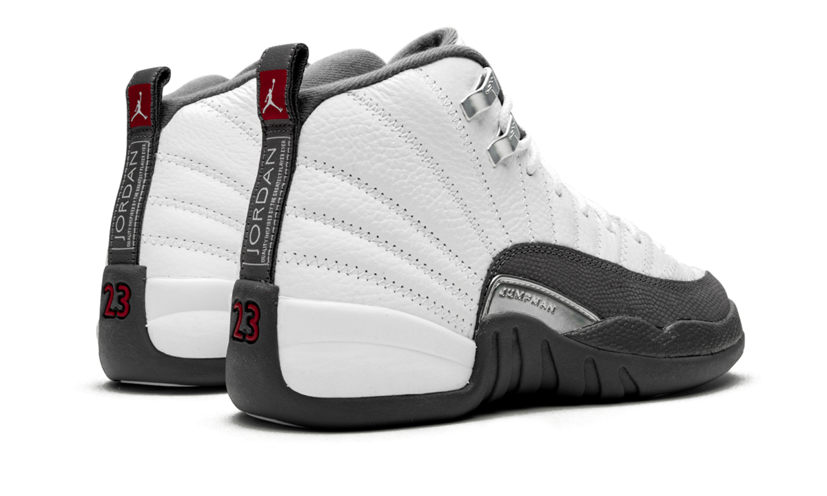 jordan 12 retro white dark grey gs+153265-160+diagnol right behind view