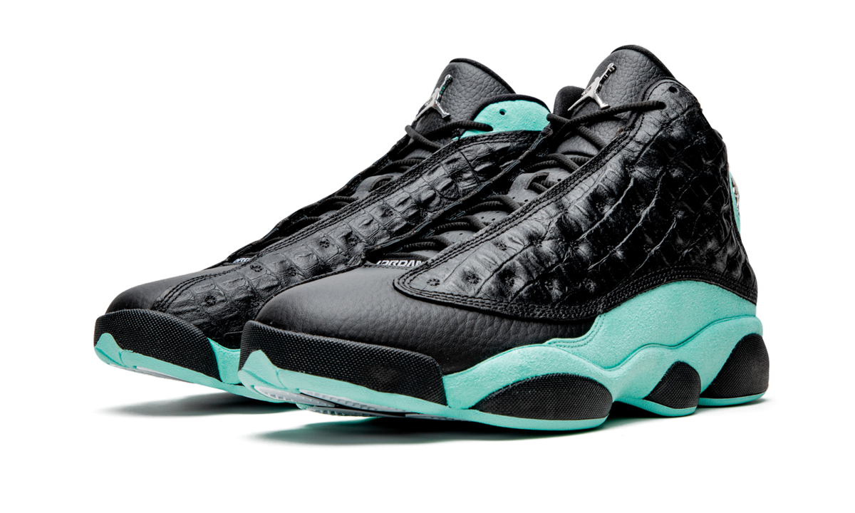 jordan 13 retro black island green+414571-030+diagnol left view