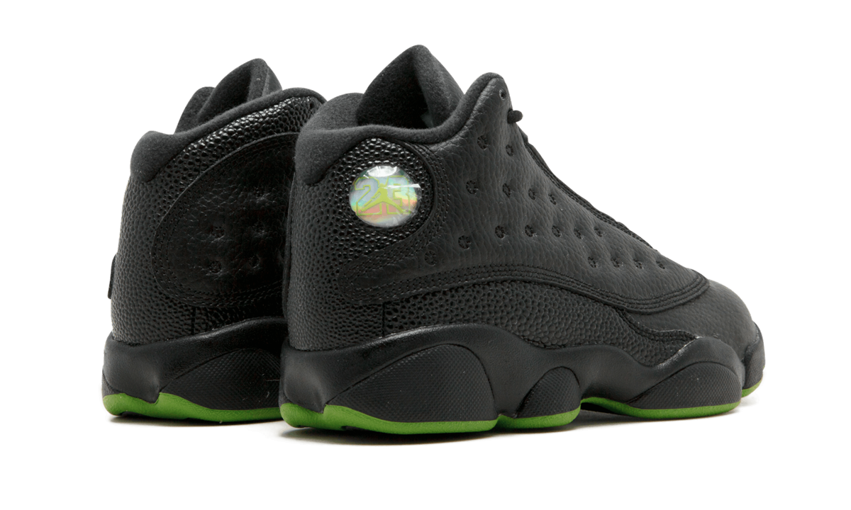 jordan 13 retro black white altitude green ps+414575-042+diagnol right behind view