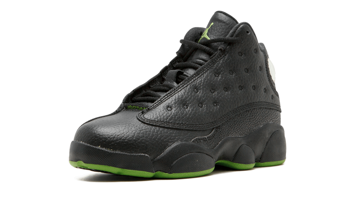 jordan 13 retro black white altitude green ps+414575-042+left diagnol single view