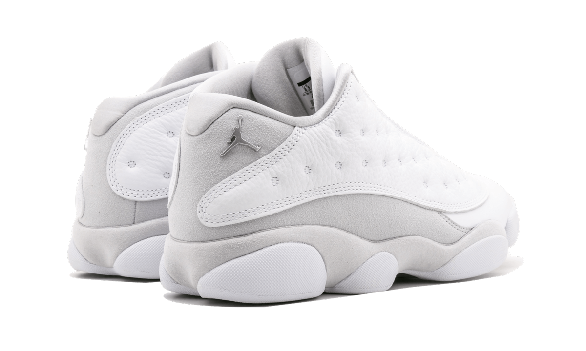 jordan 13 retro low pure platinum+310810-100+diagnol right behind view