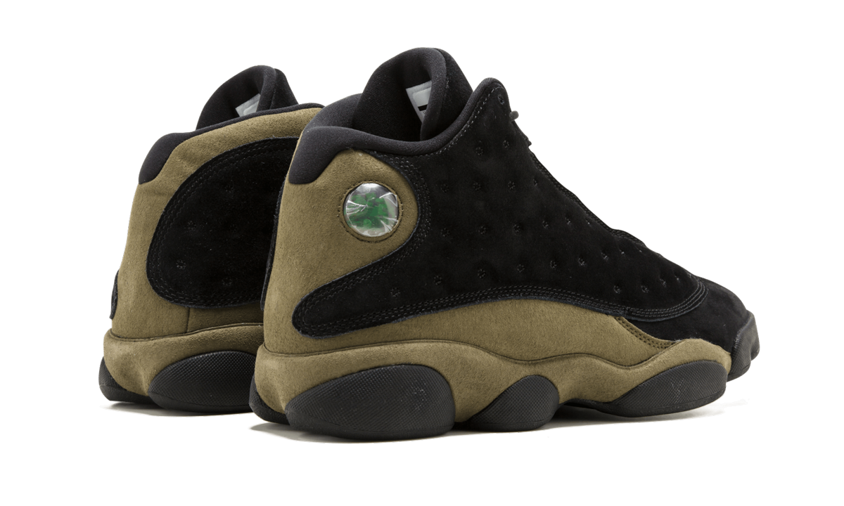 jordan 13 retro olive+414571-006+diagnol right behind view