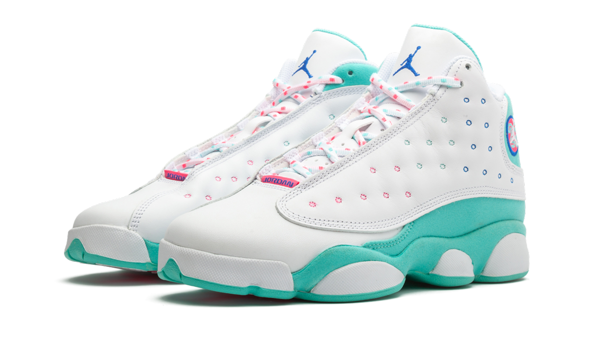 jordan 13 retro white soar green pink gs+439358-100+diagnol left view