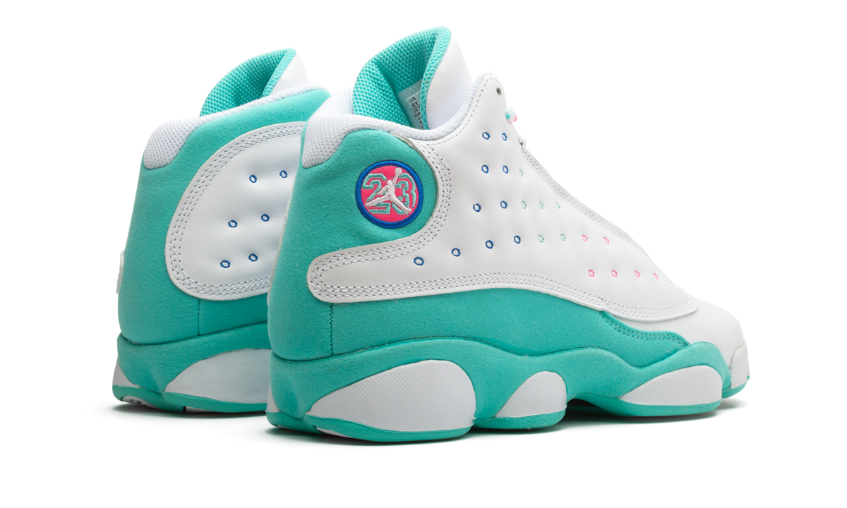 jordan 13 retro white soar green pink gs+439358-100+diagnol right behind view