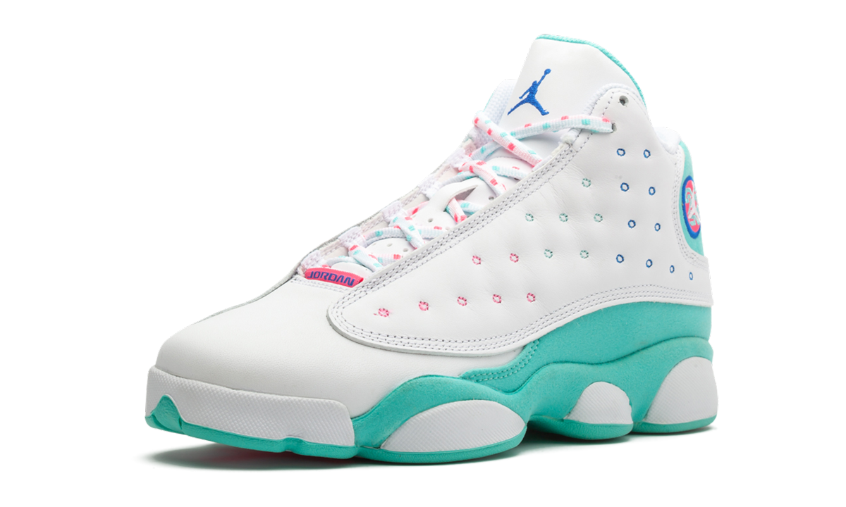 jordan 13 retro white soar green pink gs+439358-100+left diagnol single view