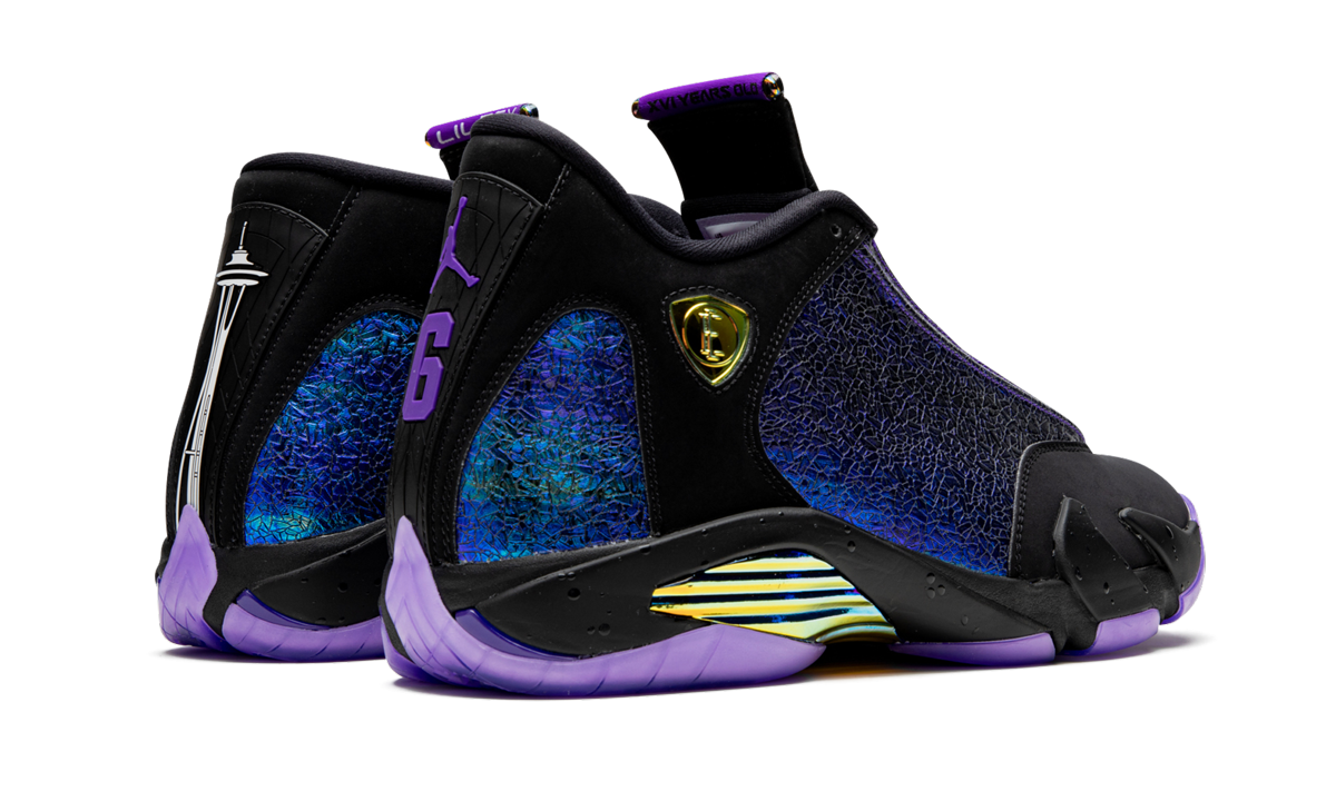 jordan 14 retro doernbecher 2019+CV2469-001+diagnol right behind view