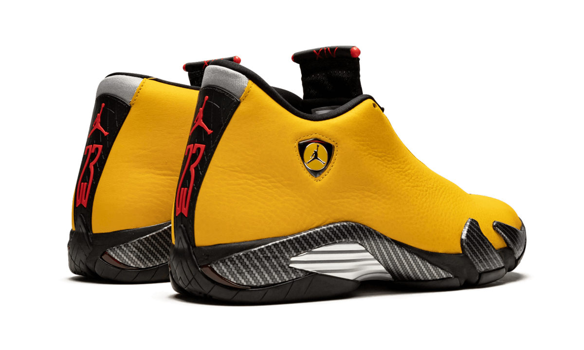 jordan 14 retro university gold+BQ3685-706+diagnol right behind view