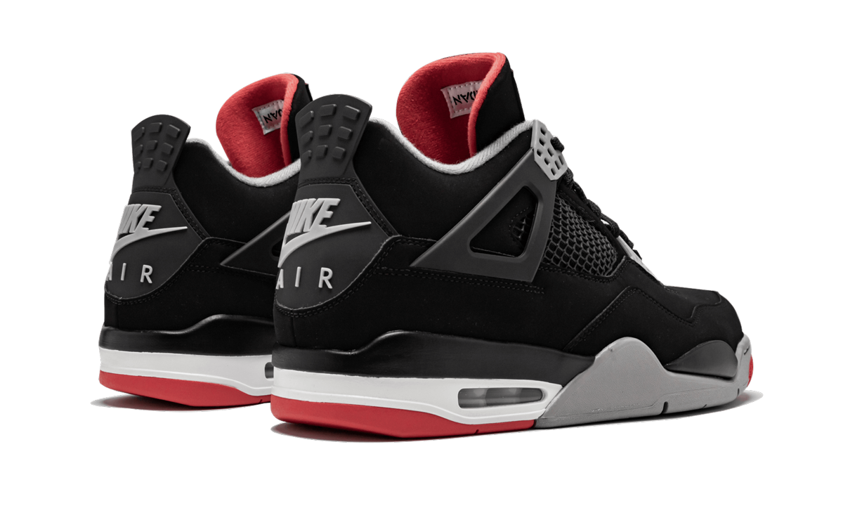 jordan 4 retro bred 2019+308497-060+diagnol right behind view