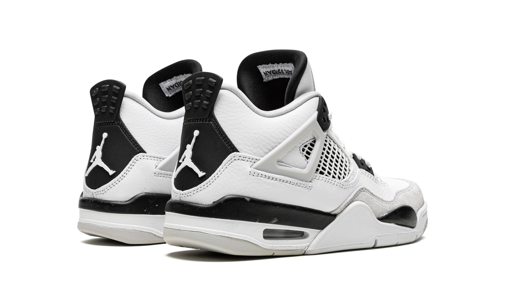 jordan 4 retro military black gs+408452-111+diagnol right behind view