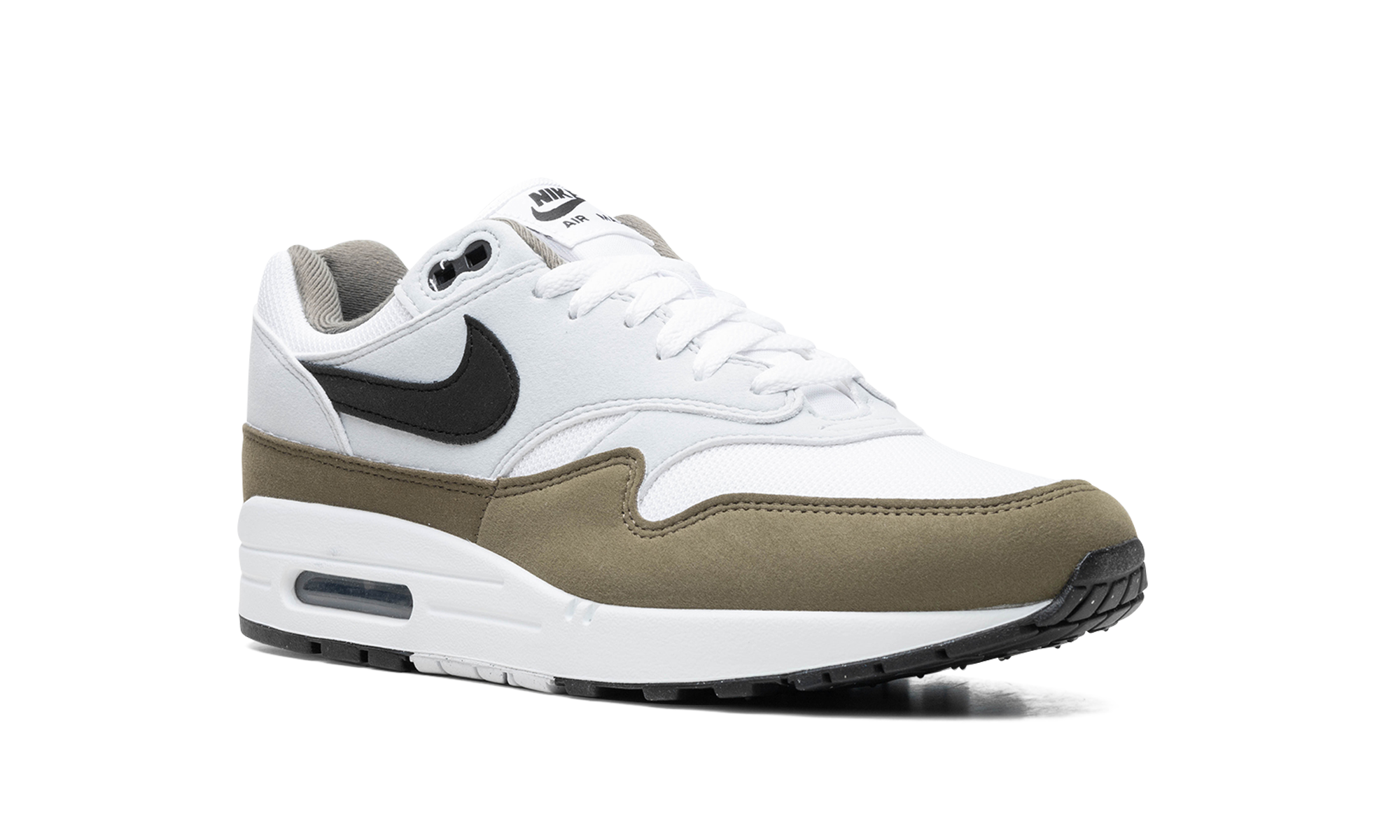 nike air max 1 white black medium olive+FD9082-102+diagnol right view