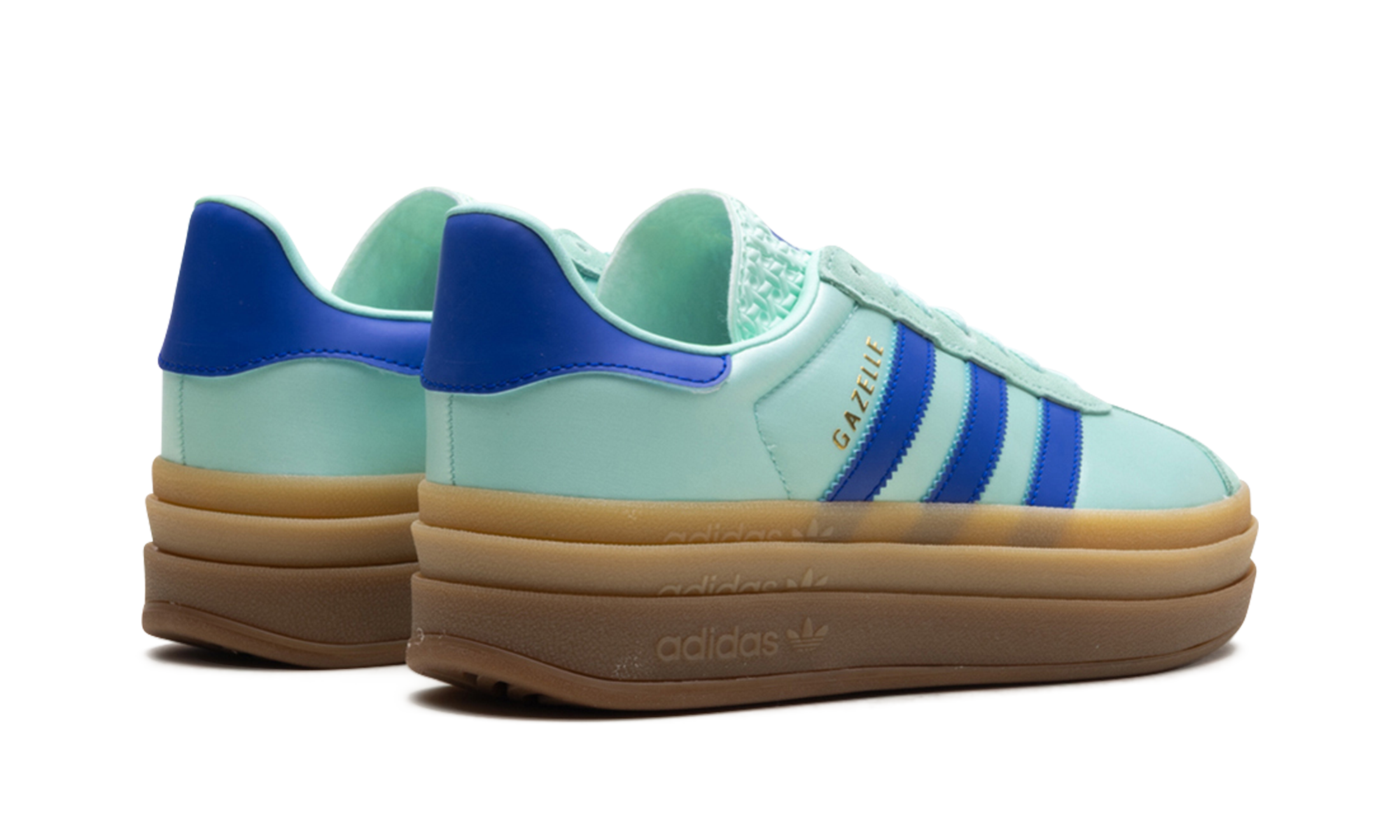 adidas gazelle bold clear mint lucid blue gold metallic women s+JI2702+diagnol right behind view