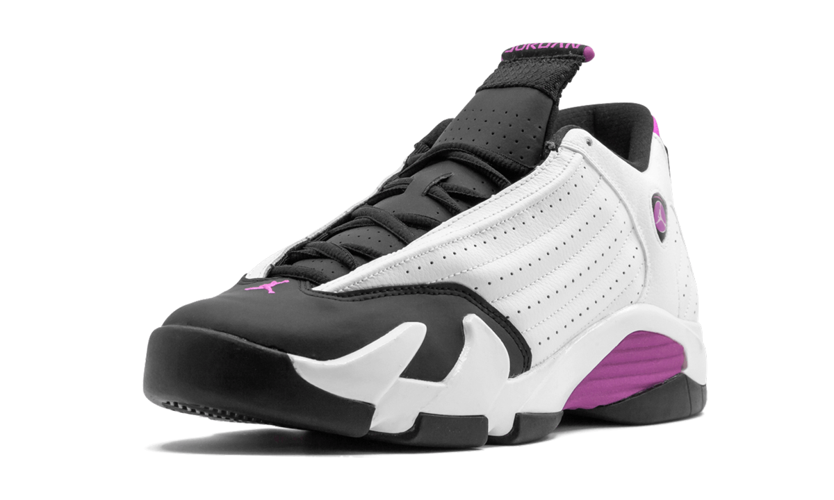 jordan 14 retro fuchsia flash black toe gs+654969-119+left diagnol single view