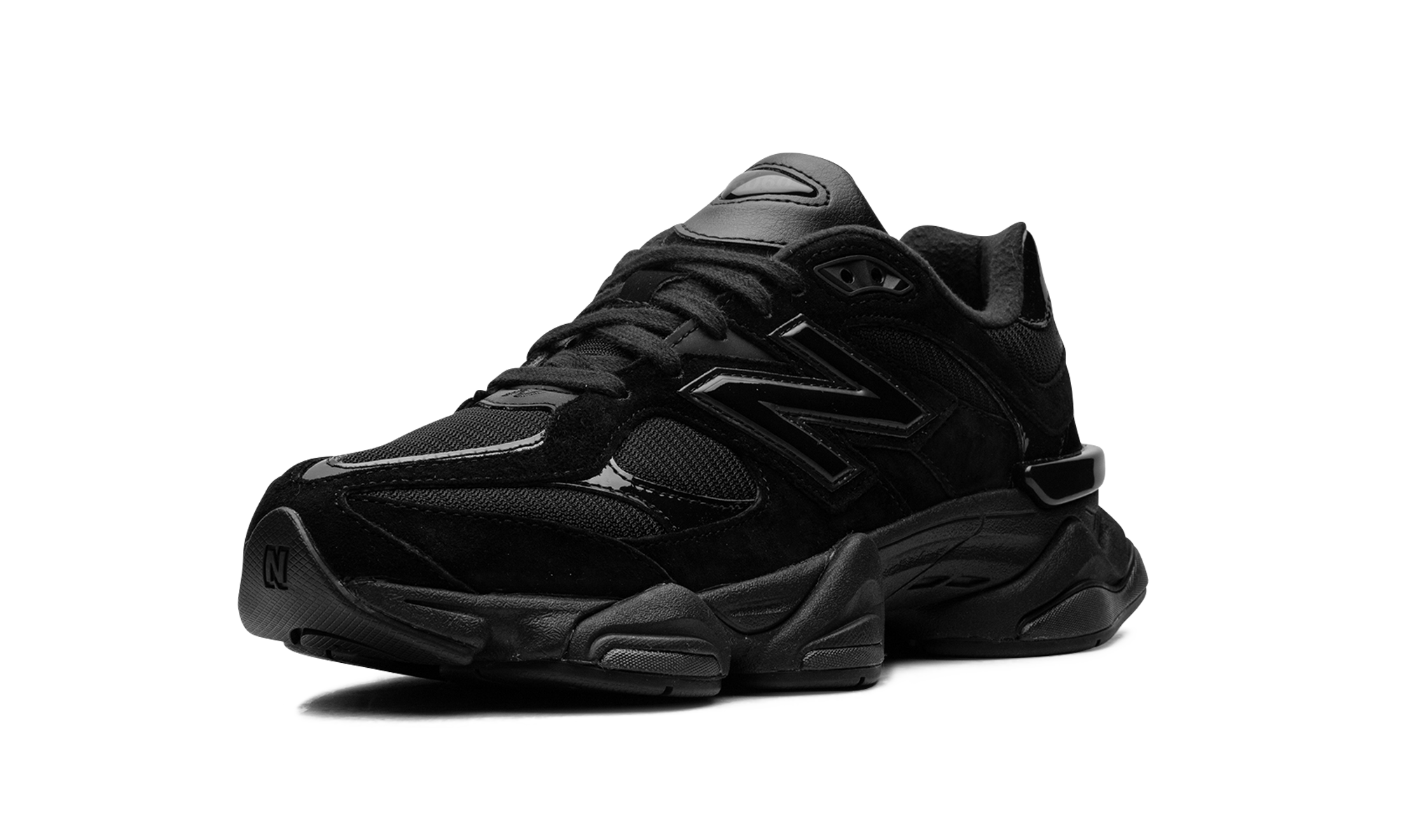 new balance 9060 triple black patent+U9060ZBO+left diagnol single view