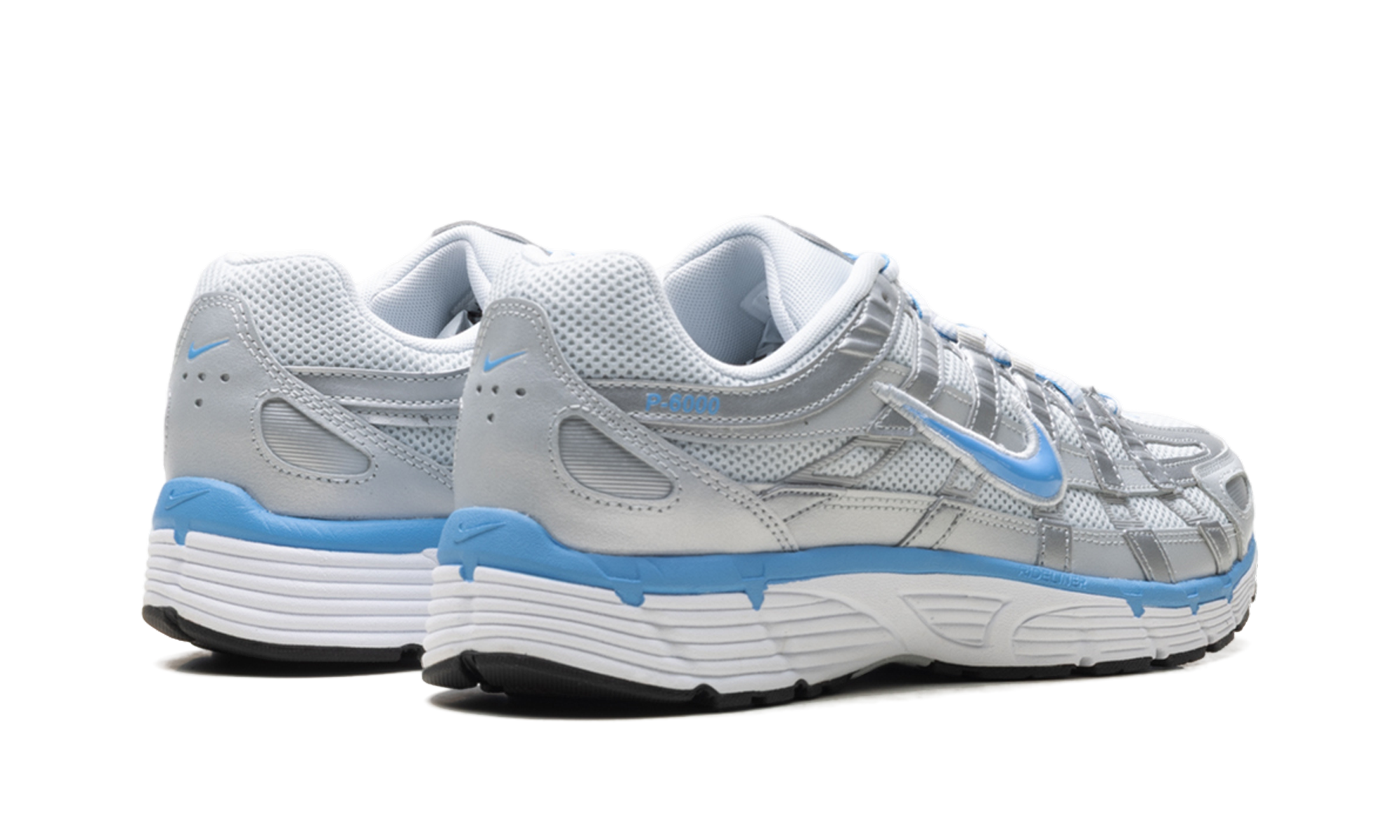 nike p 6000 metallic platinum pure platinum metallic silver university blue+CD6404-025+diagnol right behind view