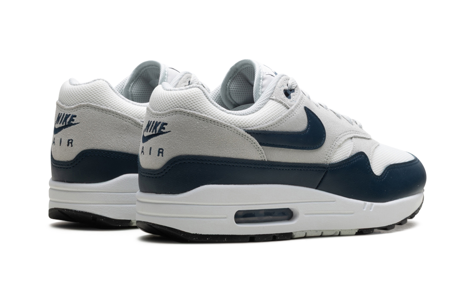 nike air max 1 essential summit white armory navy+FZ5808-103+diagnol right behind view