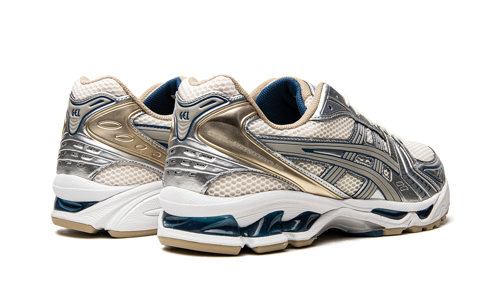 asics gel kayano 14 cream pure silver champagne+1201A019-105+diagnol right behind view