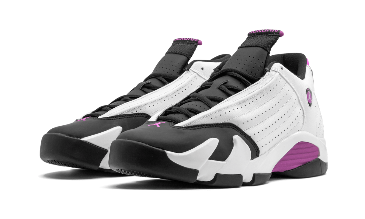 jordan 14 retro fuchsia flash black toe gs+654969-119+diagnol left view