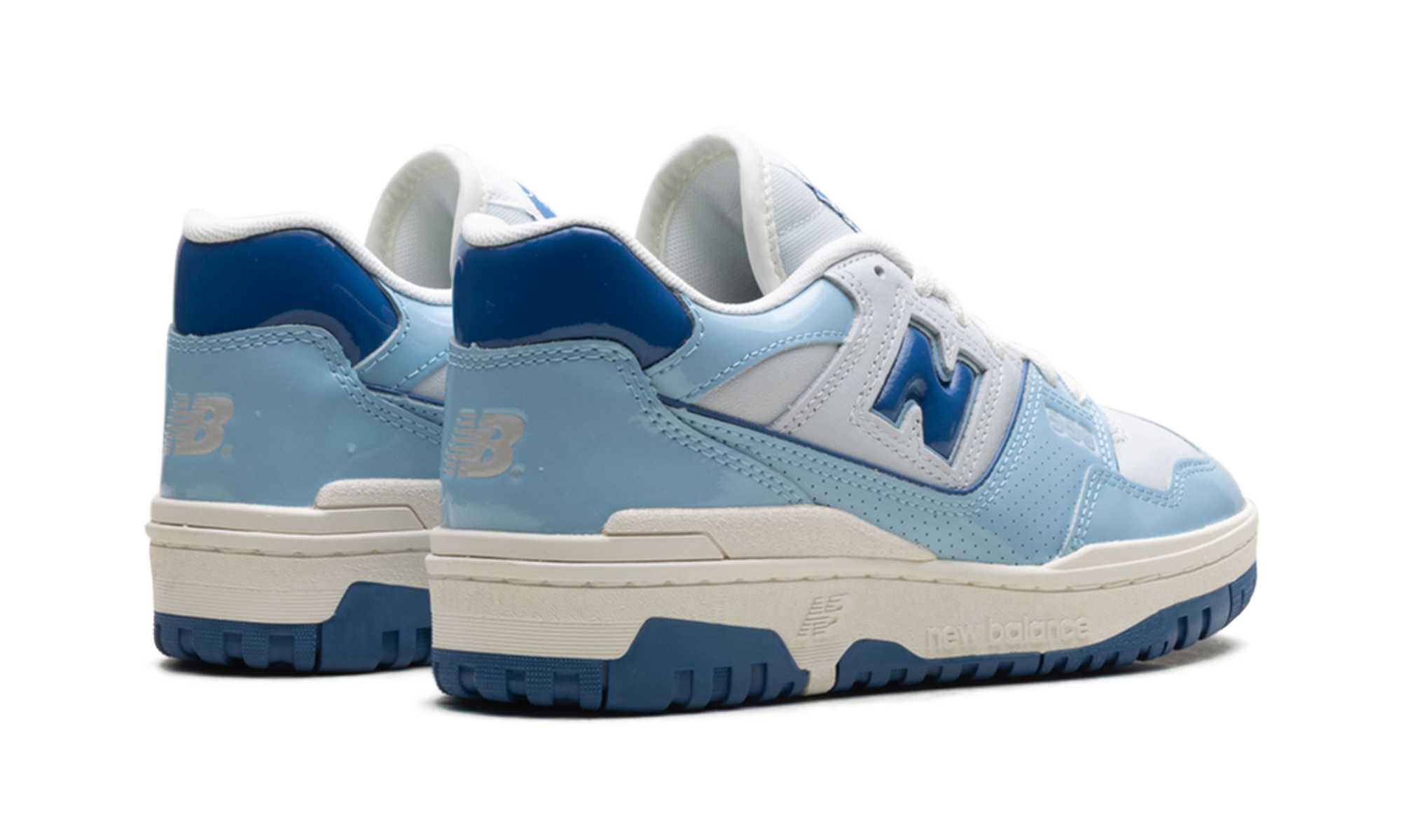 new balance 550 chrome blue patent+BB550YKE+diagnol right behind view