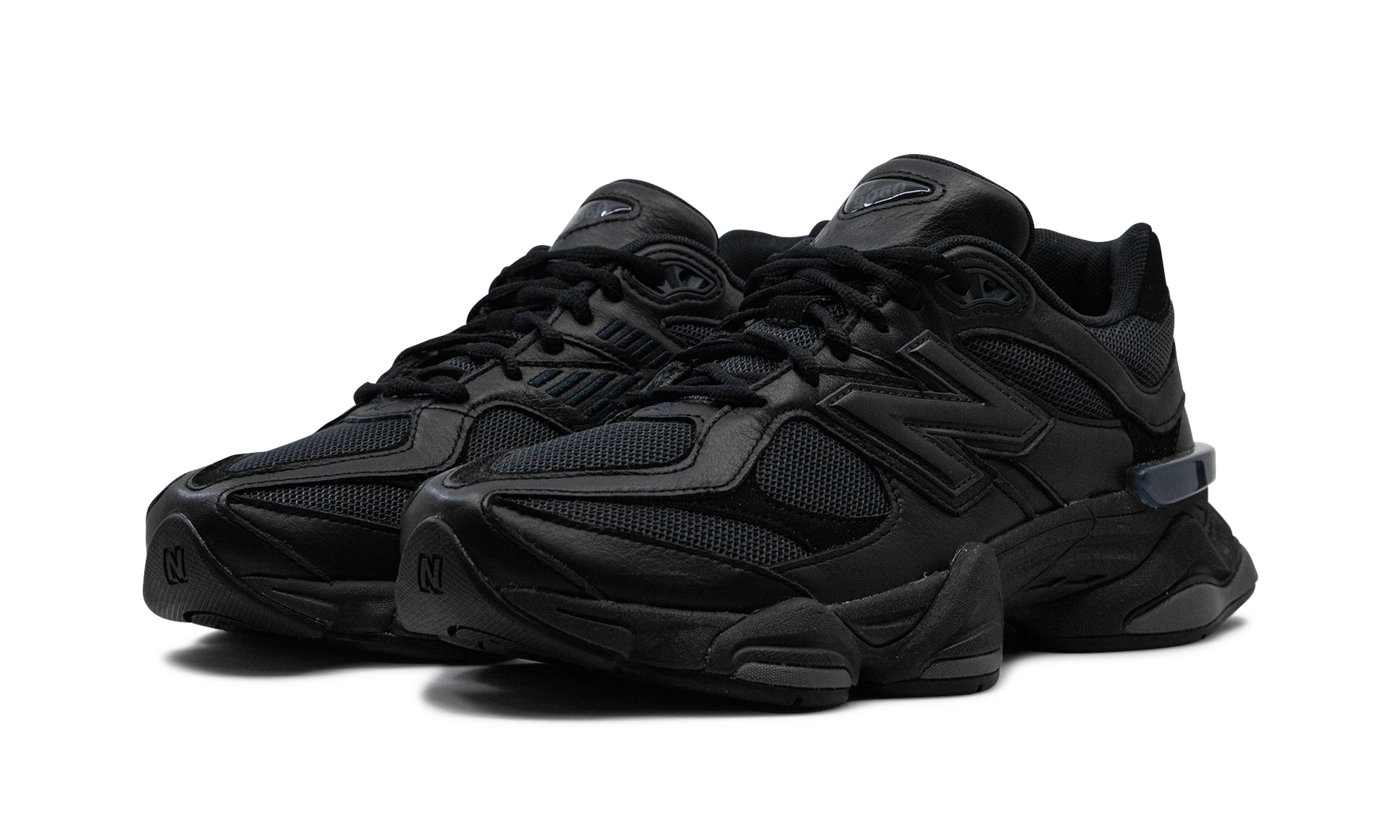 new balance 9060 triple black leather+U9060NRI+diagnol left view