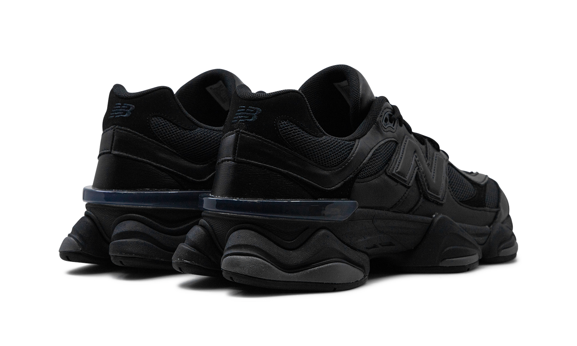 new balance 9060 triple black leather+U9060NRI+diagnol right behind view