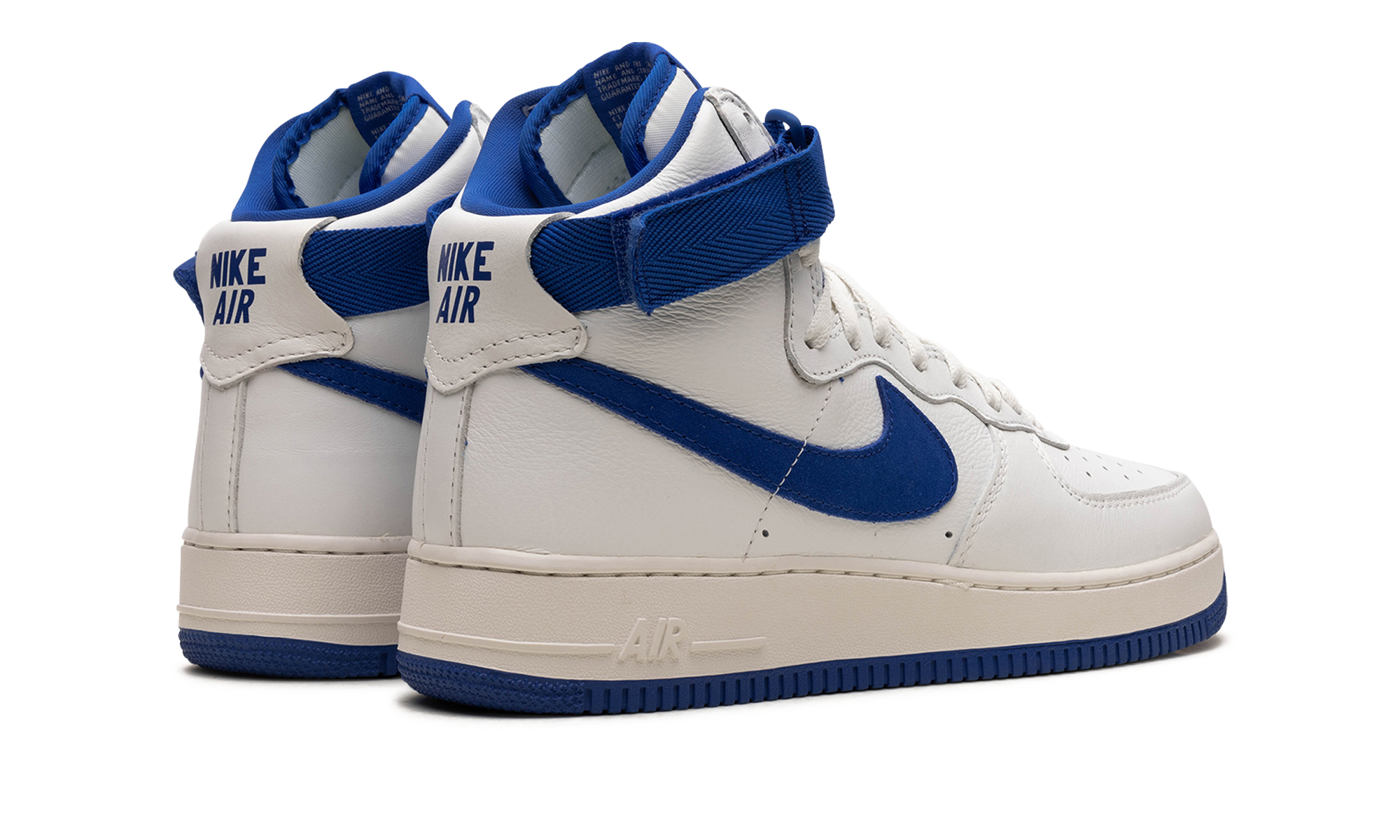 nike air force 1 high white game royal+743546-103+diagnol right behind view