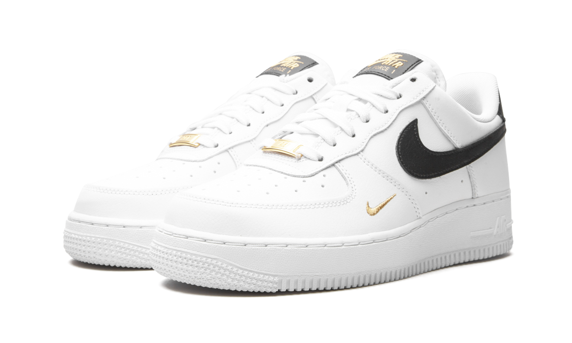 nike air force 1 low 07 essential white black gold mini swoosh women s+CZ0270-102+diagnol left view