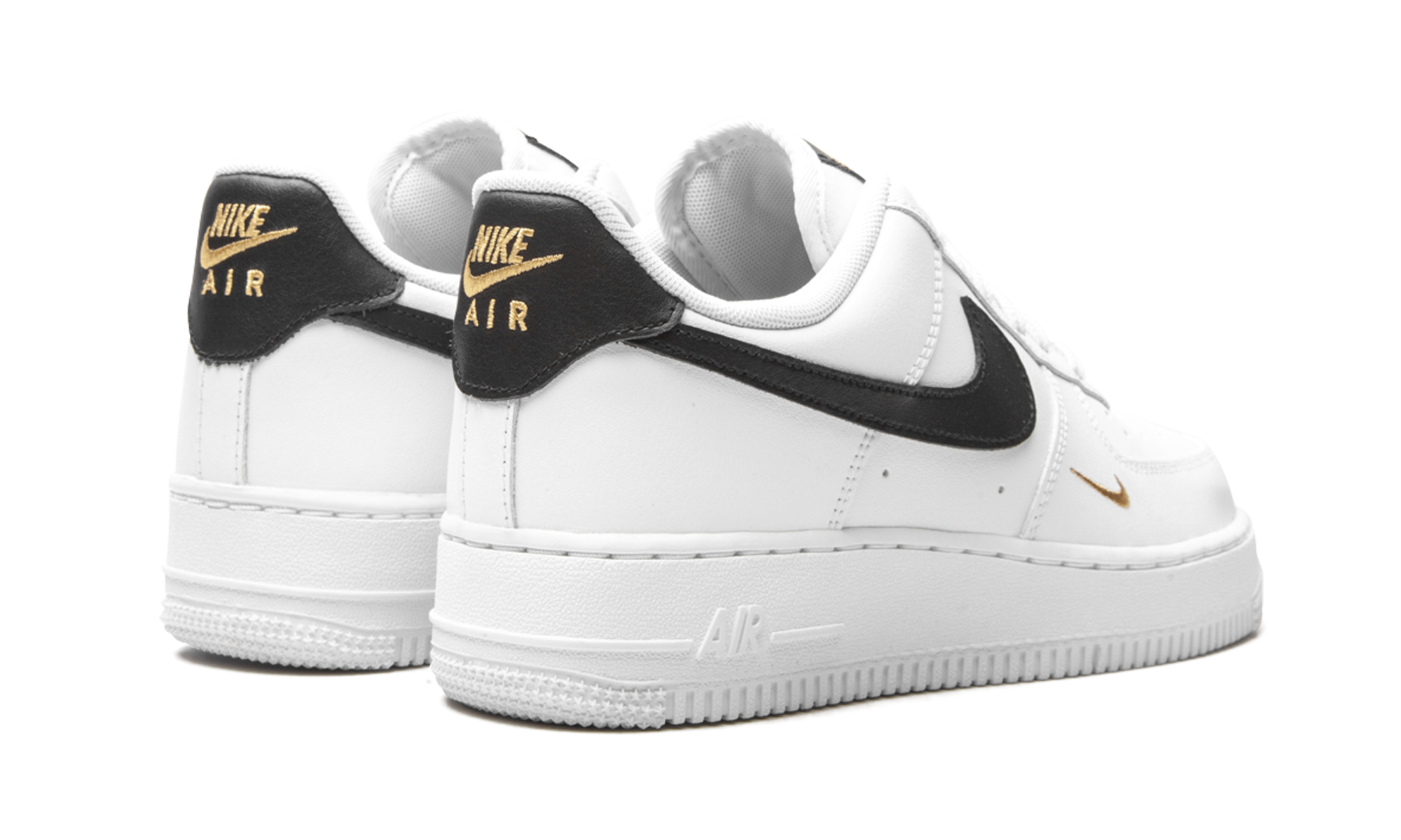 nike air force 1 low 07 essential white black gold mini swoosh women s+CZ0270-102+diagnol right behind view
