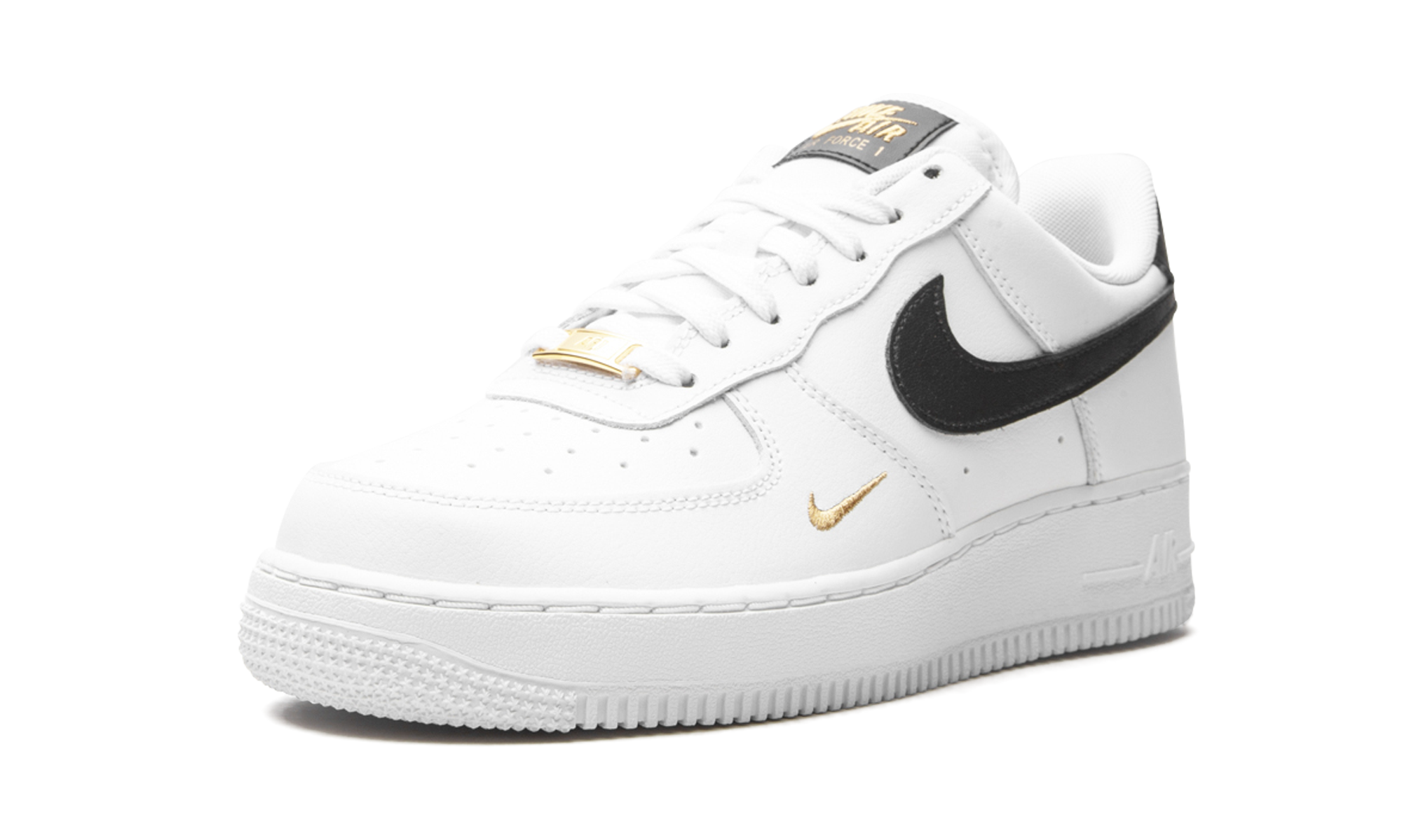 nike air force 1 low 07 essential white black gold mini swoosh women s+CZ0270-102+left diagnol single view