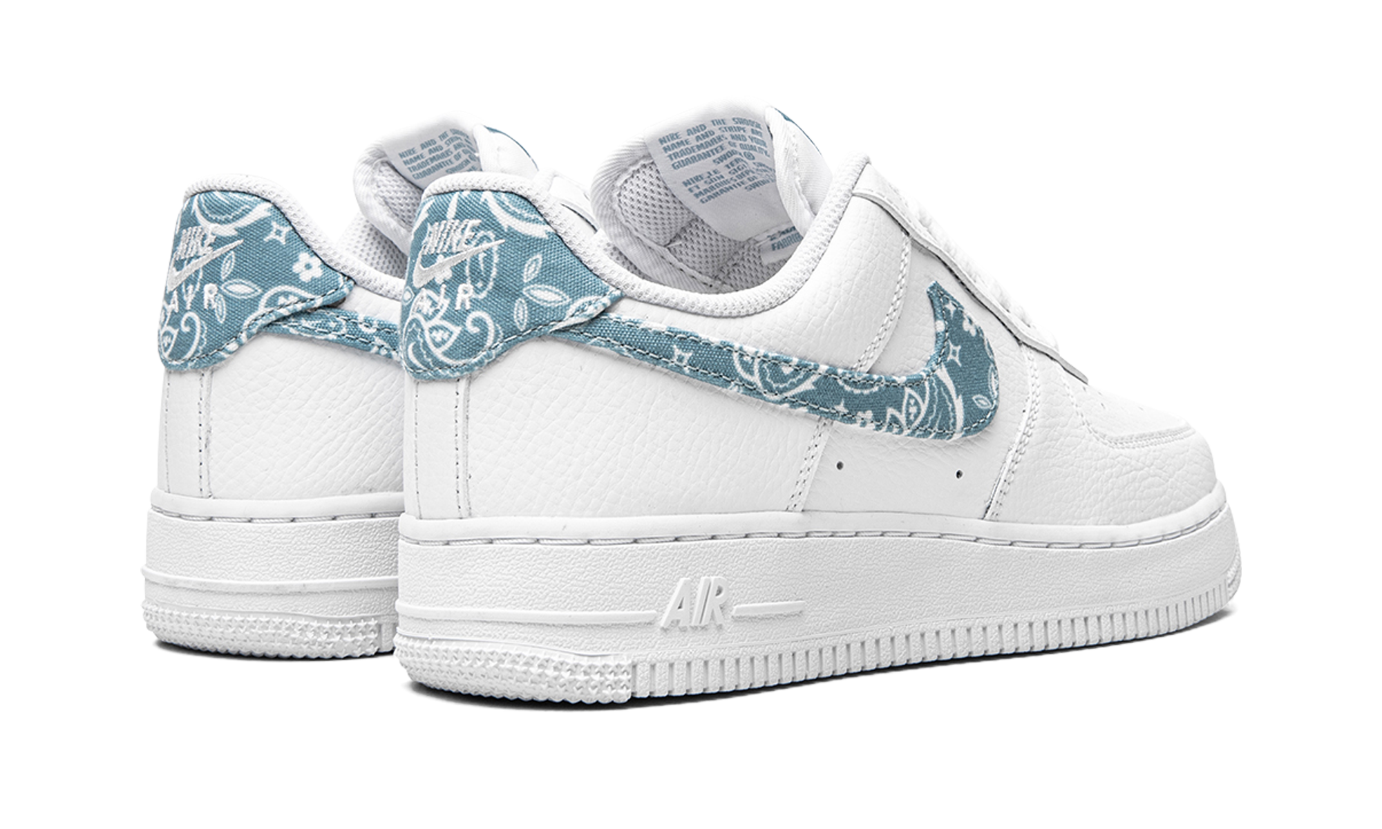 nike air force 1 low 07 essential white worn blue paisley women s+DH4406-100+diagnol right behind view