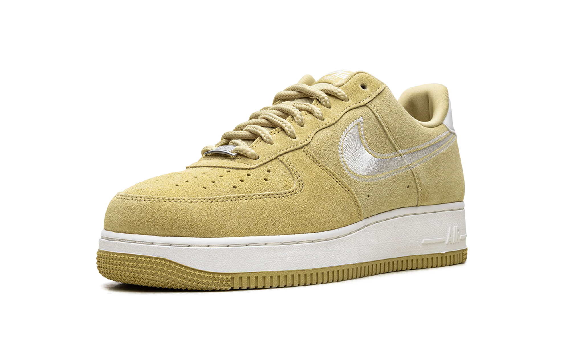 nike air force 1 low 07 lv8 buff gold sail embroidered swoosh+HJ4465-700+left diagnol single view