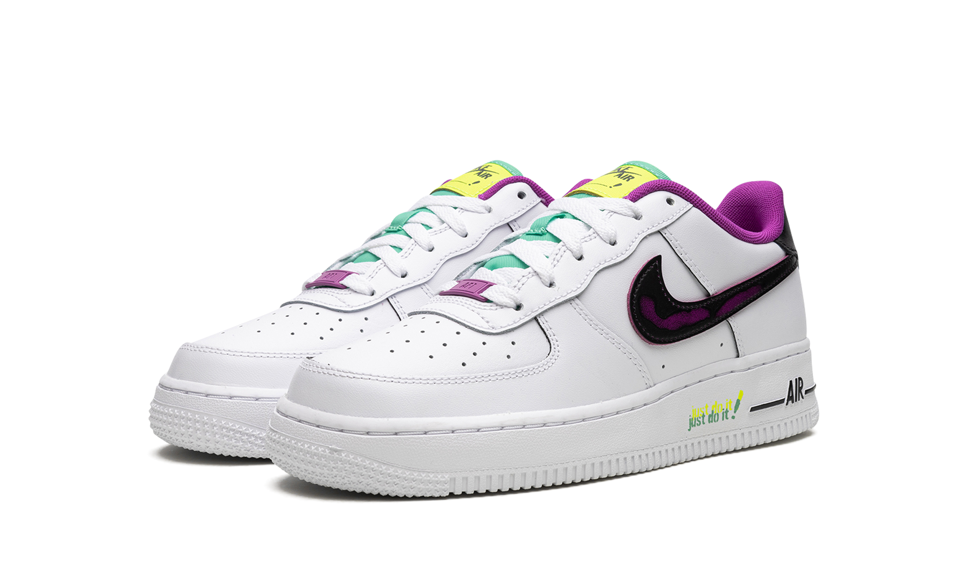 nike air force 1 low 07 lv8 just do it white vivid purple gs+DX3933-100+diagnol left view