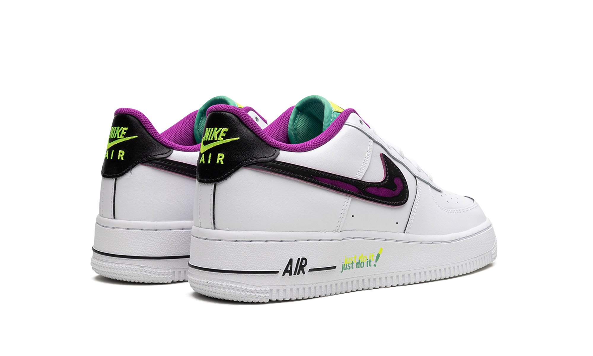 nike air force 1 low 07 lv8 just do it white vivid purple gs+DX3933-100+diagnol right behind view