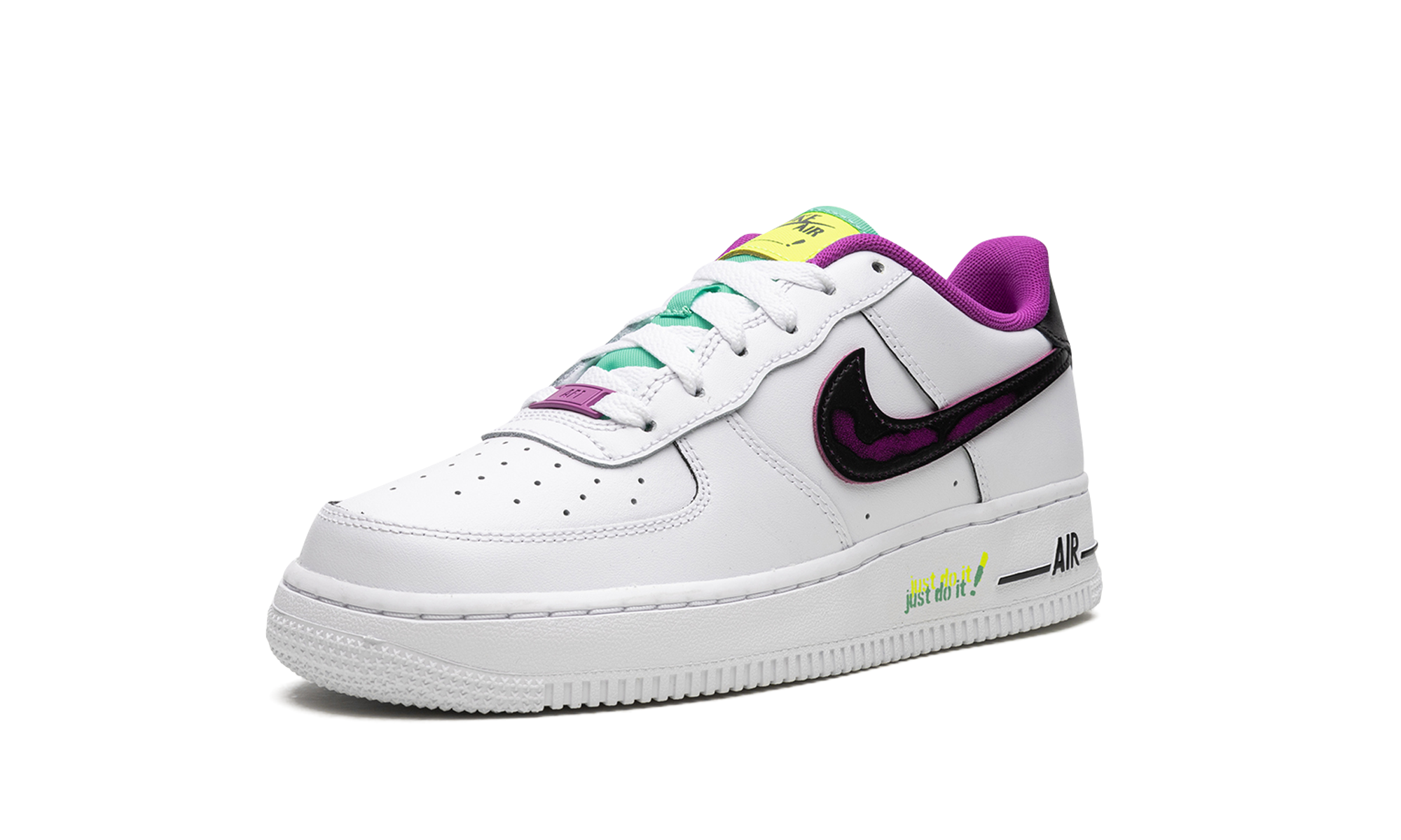 nike air force 1 low 07 lv8 just do it white vivid purple gs+DX3933-100+left diagnol single view