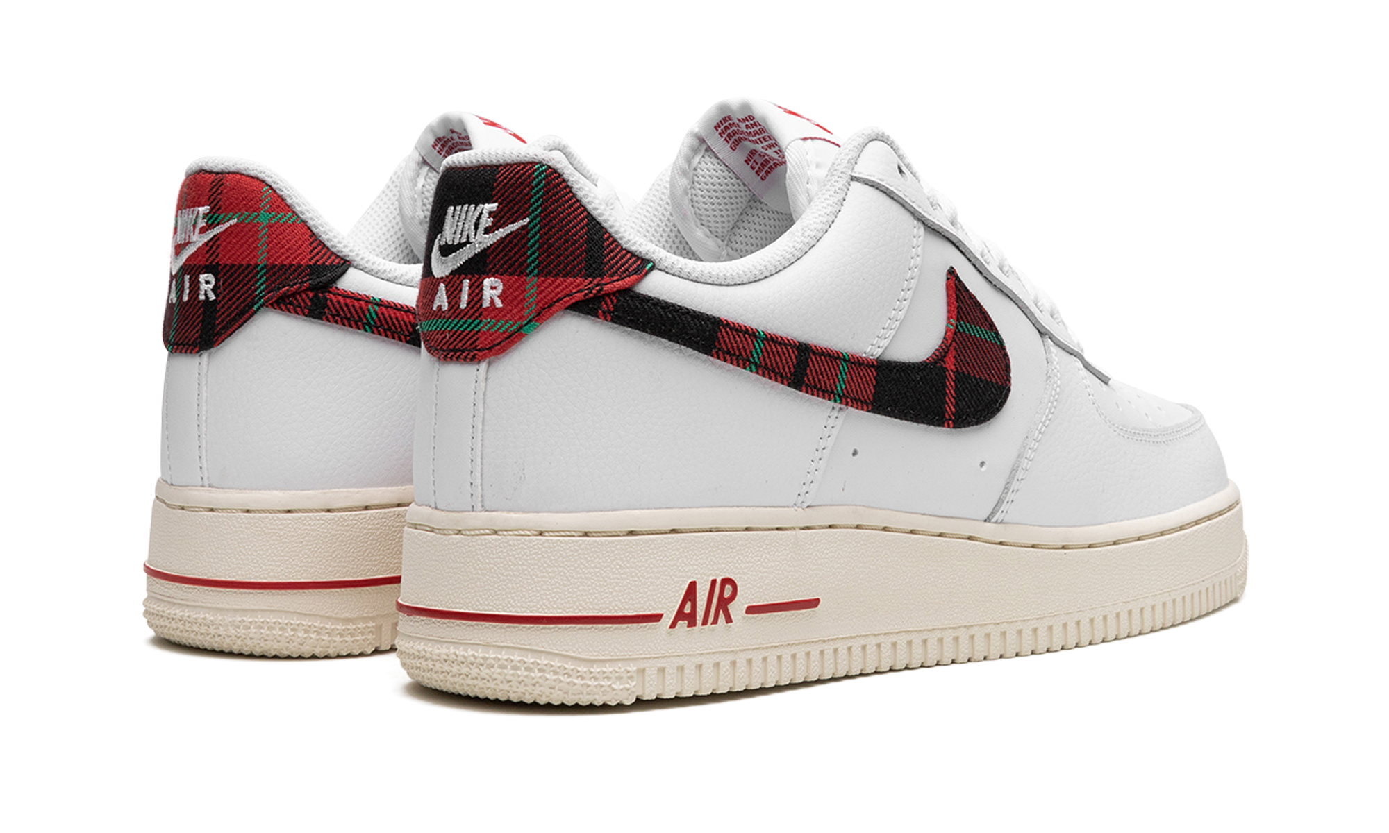 nike air force 1 low 07 lv8 tartan plaid white university red+DV0789-100+diagnol right behind view