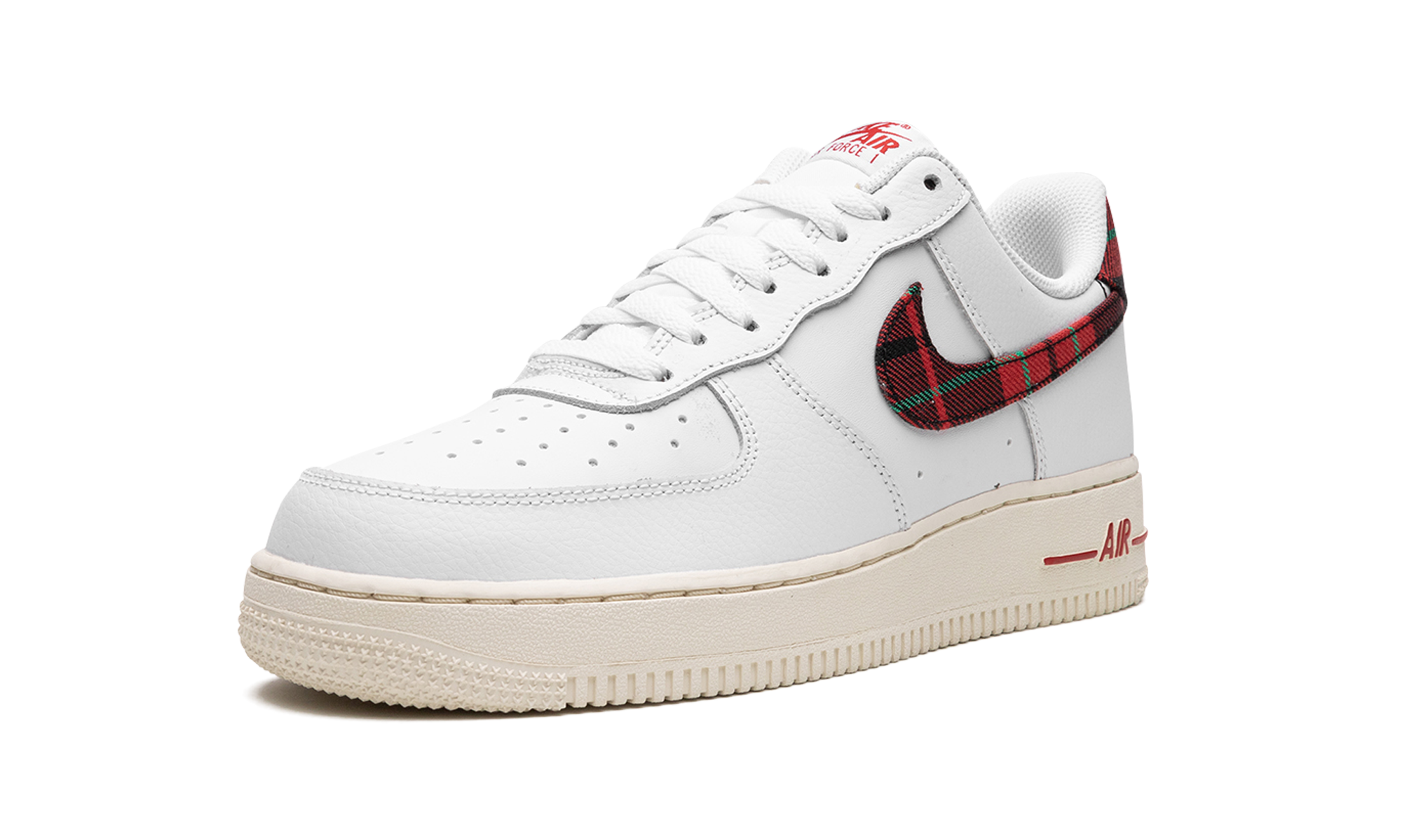 nike air force 1 low 07 lv8 tartan plaid white university red+DV0789-100+left diagnol single view